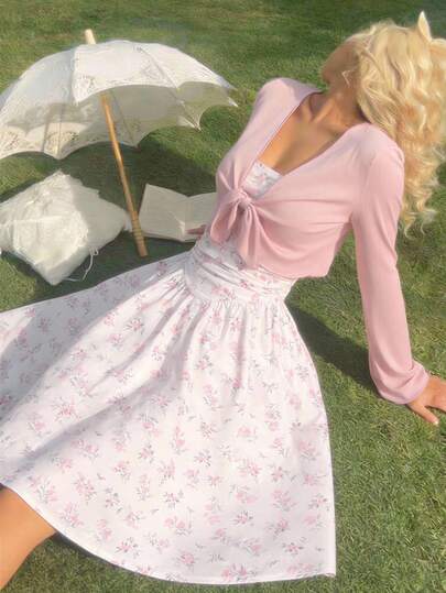 Tween Girl Solid Color Twist Front Flare Sleeve Top And Floral Print Ruffle Strap Dress 2-Piece Set