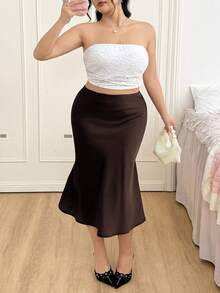 SHEIN EZwear Chân váy satin đen cạp cao, thích hợp mặc đi dự tiệc và hẹn hò, mùa xuân/hè. - màu nâu - Xem 6