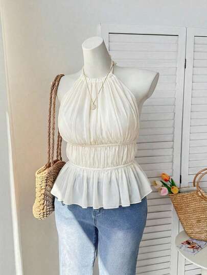 Comfortcana Plus Size Apricot Woven Fabric Semi-Sheer Crop Halter Tank Top