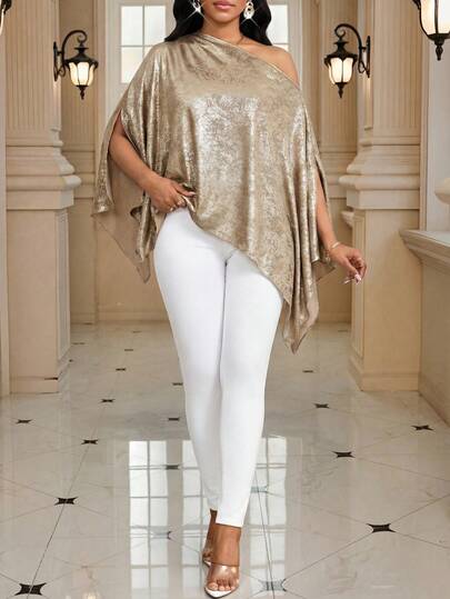 SHEIN Lady Women's Elegant Oblique Shoulder Split Sleeve Loose Blouse, Autumn Plus Size Women Clothes Batwing Sleeve Top Asymmetrical Top Plus Poncho Top Asymmetrical Poncho