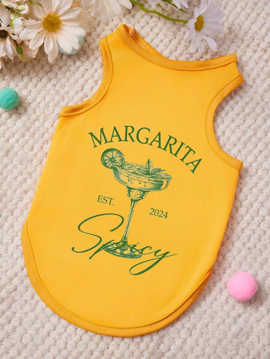 PETSIN 1件鸡尾酒薄荷柠檬字母印花宠物背心，黄色亲肤透气宠物服装 - 黃色 - 查看 1