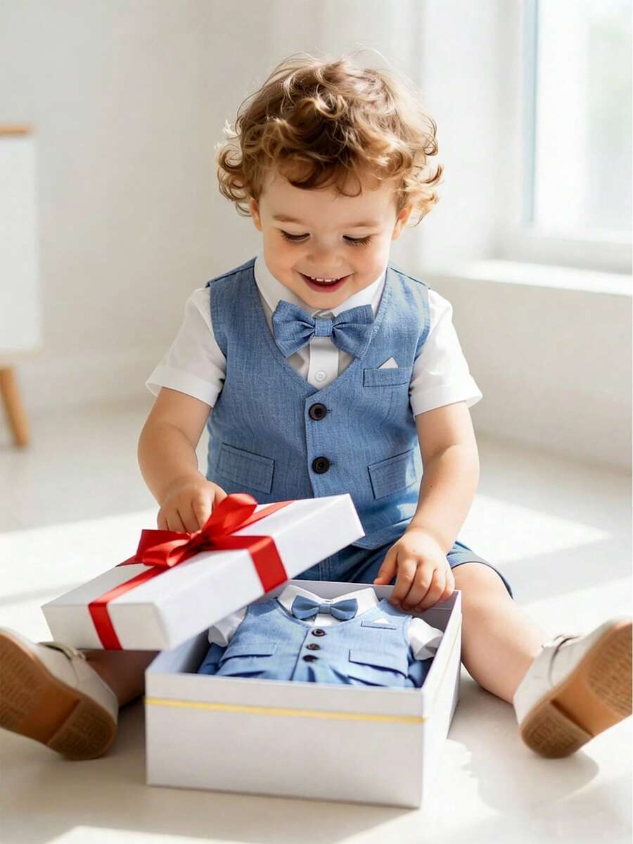 三件套幼儿男童优雅绅士套装:白色针织领短袖衬衫配领结、装饰口袋背心和蓝色松紧腰短裤,适合生日派对、洗礼、周岁生日、正式场合、婚礼宾客、花童、夏季穿着、男婴服装、男婴西装、男婴正装、婴儿正装、男婴洗礼服。 - 彩色 - 查看 1