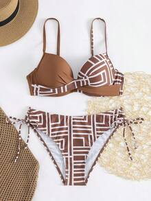 Swim Lushoire Geometric Print Cross Strap PUSH UP Underwire Bikini Set - Multicolor - View 3