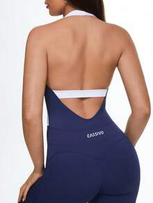 Eassivo Eassivo 女士撞色露背吊带连体瑜伽服 - 藏蓝色 - 查看 3