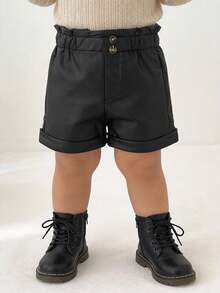 SHEIN Baby Girls Black Leather Shorts,Summer Casual City Break Style,Button Accessories Embellished Hem,Comfortable Fashionable Elegant Sweet Cute Bottoms - Black - View 10