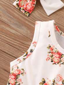 Baby Girl Floral Print Cute Sleeveless Romper - Apricot - View 4