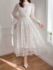 FRIFUL Damen Rundhals Kleid mit durchgehender Spitze, bestickter Dekoration, locker geschnittenes A-Linien Sommerkleid in Unifarbe - Aprikosenfarben - Übersicht 2