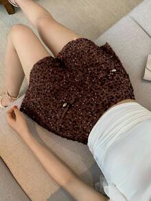 DAZY Women's Elegant Sequin Faux Pocket Shorts, Summer - Coffee Brown - View 3