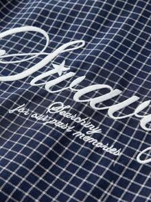 SWAVVY Men's Casual Letter Embroidery 2 In 1 Shirt Blue And White Graphic Shirt Plaid Graphic Shirt Navy Blue Graphic Shirt Long Sleeve Graphic Shirt - Royal Blue - View 6