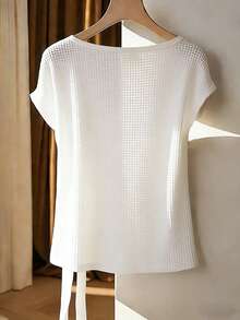 Franclia Fashionable French Chic Slimming Round Neck White Knit Sweater, Tie Design, New Summer White T-Shirt For Women, Elegant Casual Top - White - View 2