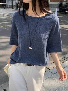 DAZY Women's Casual Loose Letter Print Round Neck Drop Shoulder T-Shirt Summer - Blue - View 2