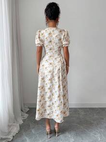 Modelyn Women's Short Petal Sleeve Fashionable Romantic New Yellow Jacquard Fabric Dress - Light Yellow - View 3