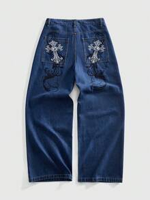 ROMWE MEN Street Life Men's Casual Washed Cross Embroidered Denim Jeans - Blue - View 4