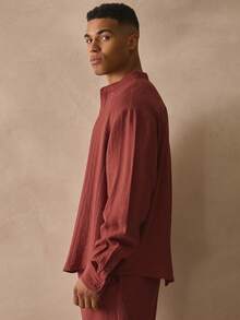 Grandad Collar Long Sleeve Drop Shoulder Quarter Button Up Linen Shirt Spring Summer Essentials Beachside - Brown - View 3