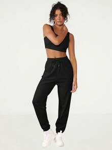 SHEIN BASICS Pantalones de chándal con cordón y bolsillo para mujer - Negro - Ver 3