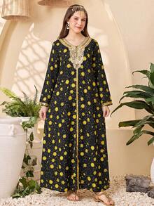 SHEIN Kids Teen Girl Floral Print Pattern Gold Ribbon Loose Casual Dress Embroidered Neckline Dress Long Modest Dresses Black And Yellow Dress Floral Print Dress Embroidered Dress Black Gold Dress Sunflower Floral Print Dress Ladies Floral Dress Black Dress With Yellow Flowers Ladies Dress Long Sleeve Dress,Kids - Black - View 6