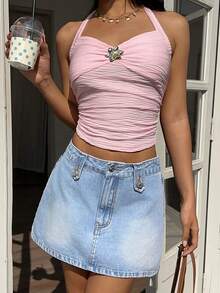 Sunnyshic 女士休闲水洗牛仔裙，适合度假和外出穿着 - 藍色 - 查看 1