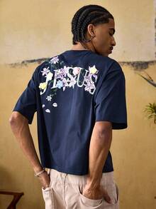 ROMWE MEN Street Life Men's Casual Floral & Letter Print Short Sleeve T-Shirt, Summer - Navy Blue - View 4