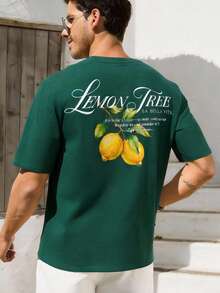 VIVINTIMO Olive Green Vacation Style Lemon Print Men's Drop Shoulder Short Sleeve T-Shirt Green Graphic Tee Lemon Tree Shirt Mens Tshirts Print On Back - Dark Green - View 2