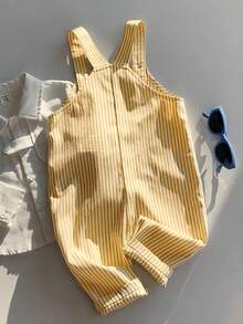 SHEIN 男婴休闲可爱百搭条纹卡通熊图案围兜连体衣 - 黃色 - 查看 2