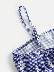 SHEIN Firerie Kids Tween Girls Blue Plaid Daisy Print Camisole + Pants 2 Pieces Set, Casual, Fashionable, Versatile, Suitable For Party, Outing, Sister Photo Shoot, Park, Camping, Vacation, Daily Leisure - Blue - View 3