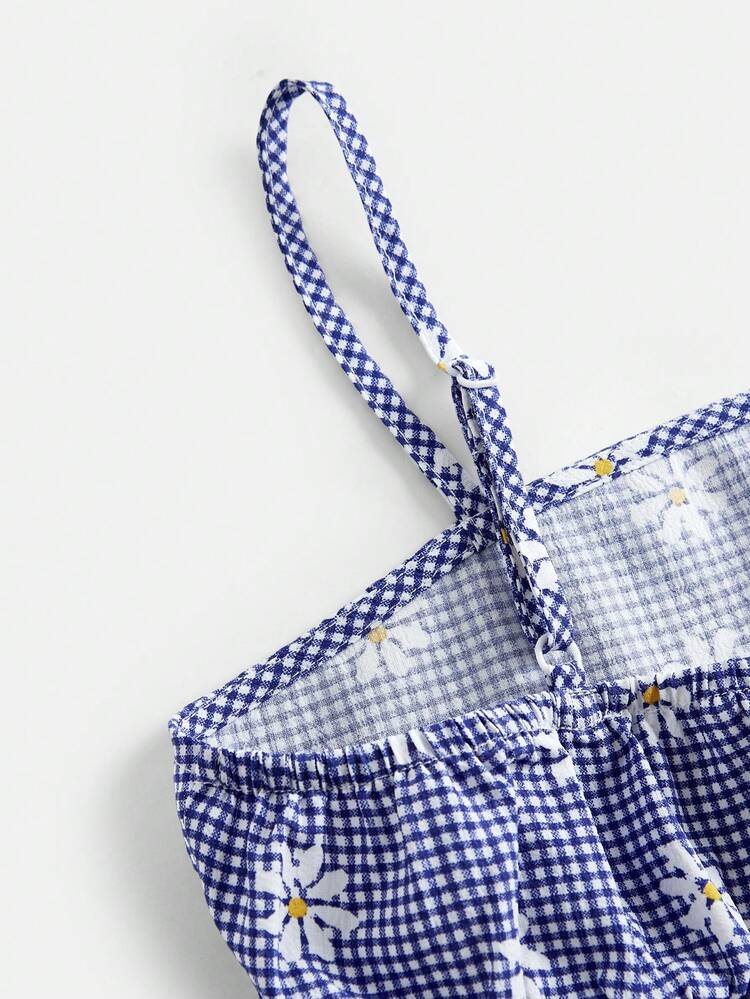 SHEIN Firerie Kids ティーンガールズ ブルーチェック デイジー柄キャミソール + パンツ 2点セット、カジュアル、ファッショナブル、多用途、パーティー、お出かけ、姉妹撮影、公園、キャンプ、バケーション、日常のレジャーに適しています - ブルー - 見る 3