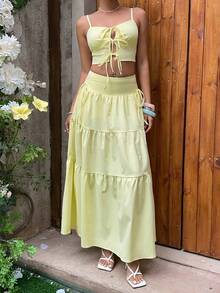 MainGRL 女士黄色编织休闲度假风系带吊带背心和迷你裙套装，春夏款 - 芥末黃 - 查看 4