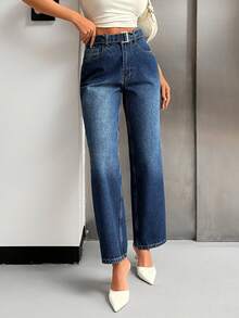 EURMUSE Jeans de cintura alta rectos con detalle de cinturón - Azul lavado medio - Ver 4
