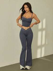 SHEIN PETITE 夏季黑色蕾丝拼接吊带裤+喇叭裤女士修身两件套 - 深灰色 - 查看 6