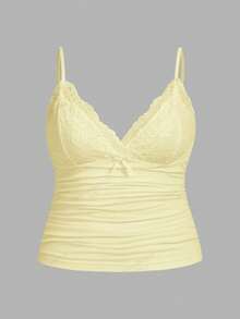 SHEIN ICON Plus Size Women Contrast Lace Bow Decor Ruffle Camisole, Summer Tops - Yellow - View 1