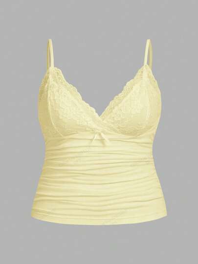 SHEIN ICON Plus Size Women Contrast Lace Bow Decor Ruffle Camisole, Summer Tops