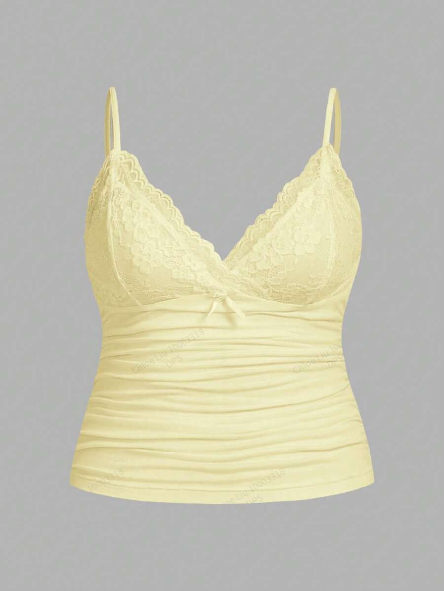 SHEIN ICON Plus Size Women Contrast Lace Bow Decor Ruffle Camisole, Summer Tops - Yellow - View 1