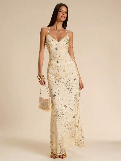 SHEIN BAE Women's Sequin Mesh Backless Tie Elegant Romantic Sexy Date Sequin Blouse Paired With Low-Waist Long Skirt, 2-Piece Set, Suitable For Evening Gala, Wedding Guest, Holiday, Girls' Night Out, Nightclub, Dinner Date, Etc. Champagne Evening Gown Champagne Formal Dress Gowns Glamorous Dress Gold Wedding Guest Dress Backless Dresses