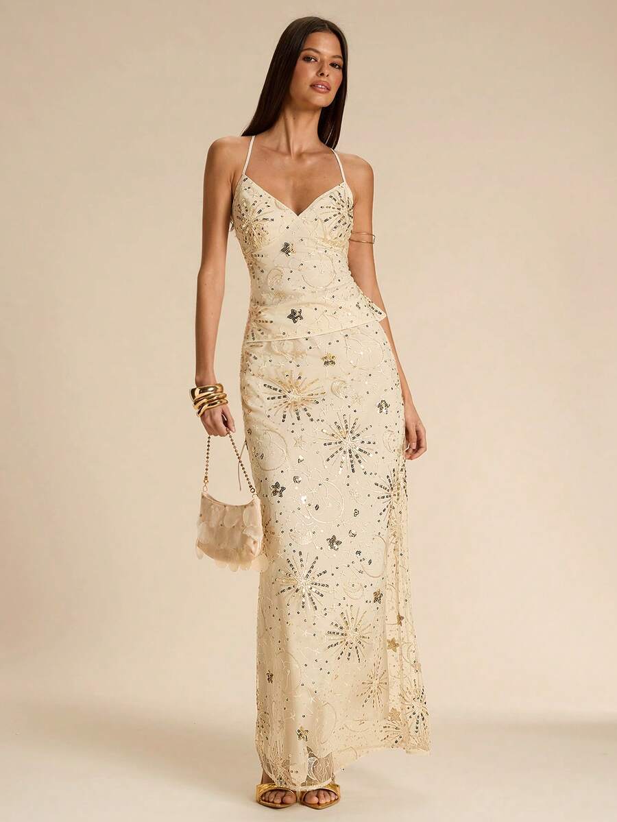 SHEIN BAE 女士亮片网纱露背系带优雅浪漫性感约会亮片上衣搭配低腰长裙，两件套，适合晚宴、婚礼宾客、度假、女孩之夜、夜总会、晚餐约会等场合。 - 杏色 - 查看 1