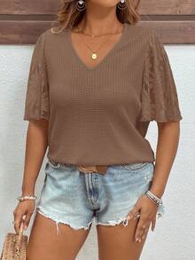 SHEIN Clasi Áo thun tay bồng phối họa tiết waffle dệt kim cỡ lớn thanh lịch - Màu nâu  Mocha - Xem 8