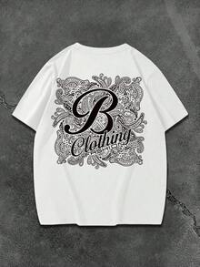 Manfinity LEGND Men's Casual Fashionable Street Daily Commute Letter & Paisley Print Loose Fit White T-Shirt, Summer - White - View 6