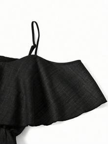 SHEIN Ellevyn 女士新款时尚优雅露肩袖高端显瘦A字迷你连衣裙，适合度假、日常穿着、聚会、下午茶等多种场合，夏季连衣裙 - 黑色 - 查看 7