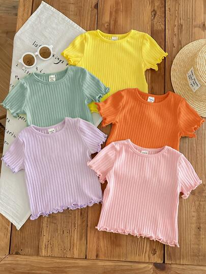 SHEIN LMoss Kids 5件套女童夏季可爱罗纹纯色荷叶边下摆短袖上衣