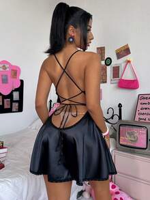 Eraneu 两件套性感蕾丝拼接交叉绑带女士睡衣套装 - 黑色 - 查看 2