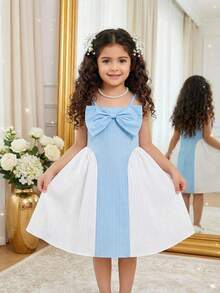 Young Girl Blue And White Summer Flower Girl Dress,Colorblock Bow Decor Camisole Sky Blue Dress For Kids,Matching Mom And Me Easter Party Dresses - Multicolor - View 2