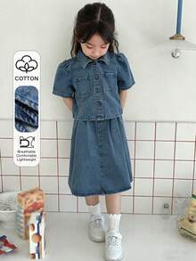 DAZY Conjunto informal de niña joven de primavera: camisa de manga abullonada con botones y minifalda de mezclilla - Azul lavado medio - Ver 1