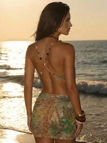 SHEIN BAE Women's Spaghetti Strap Draped Neck Sleeveless Fashion Dress,Spring Pretend / 2026 Carnival Women's Look,Summer Holiday Outfits/Vacation/Casual Dresses/Beach Outfit For Women /Cheetah Print/Leopard Print - Green - View 1