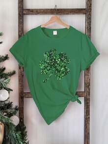 女童休闲四叶草印花圆领短袖T恤，适合圣帕特里克节穿着 - 粉色 - 查看 4