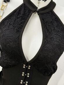 Jeanoix Women's Elastic Lace Patchwork Sleeveless Mandarin Collar Casual Top, Spring/Summer - Black - View 5