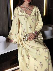 Al Najma 女士杏色梭织数码印花长袖刺绣荷叶边下摆优雅浪漫阿拉伯连衣裙，春夏款 - 杏色 - 查看 8