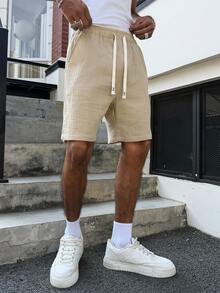 PAVTROS Quần short nam bằng chất liệu cotton nguyên chất, màu trơn, có túi xéo, cạp chun điều chỉnh. - Màu Khaki - Xem 6