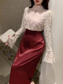 DAZY Đầm dài dáng ôm thanh lịch phối ren tương phản màu sắc, thích hợp cho mùa xuân/hè, phù hợp cho ngày Valentine, đám cưới, tiệc tùng, các dịp trang trọng, hoặc mặc đi làm. - Màu Đỏ Sâu - Xem 1