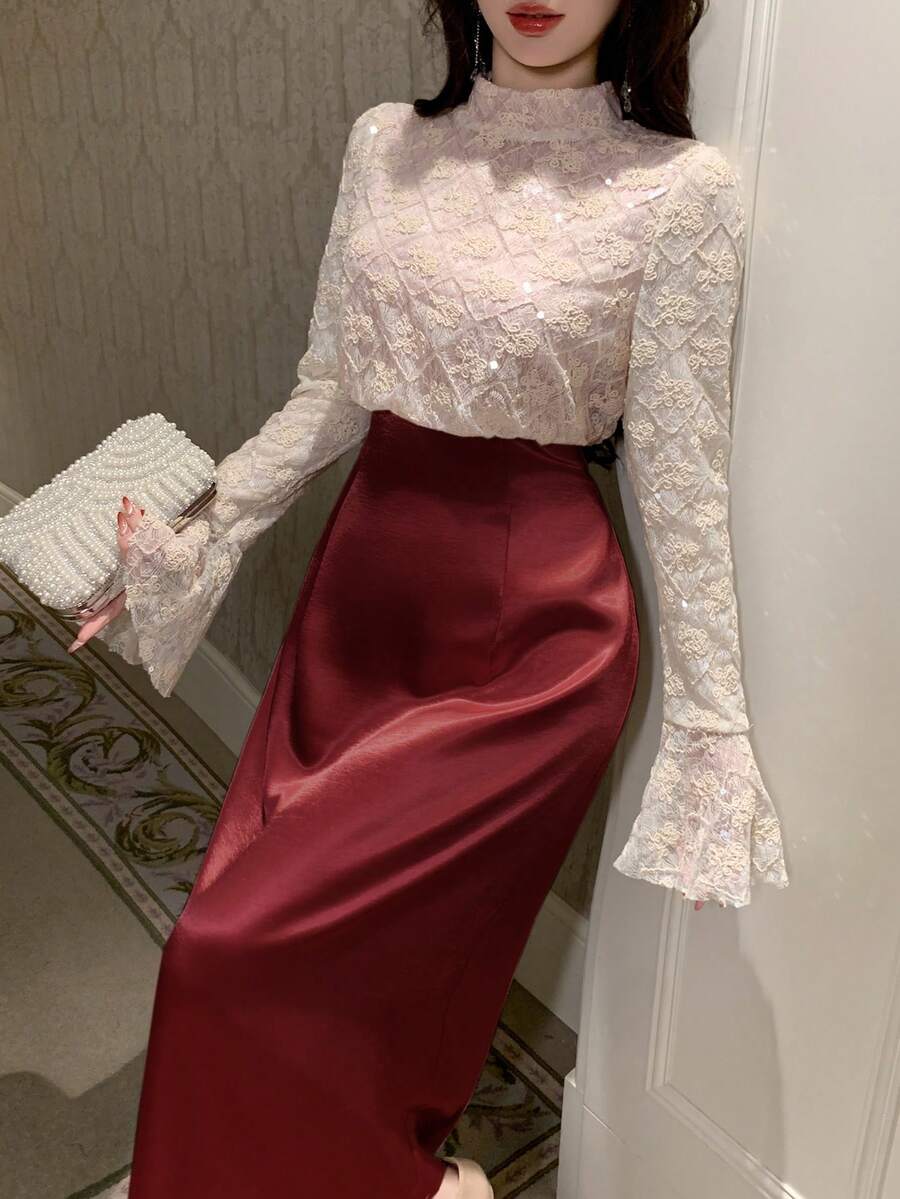 DAZY Đầm dài dáng ôm thanh lịch phối ren tương phản màu sắc, thích hợp cho mùa xuân/hè, phù hợp cho ngày Valentine, đám cưới, tiệc tùng, các dịp trang trọng, hoặc mặc đi làm. - Màu Đỏ Sâu - Xem 1