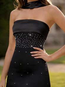 Coutiva 女式水钻装饰露肩正式晚礼服，束腰，优雅 - 黑色 - 查看 3