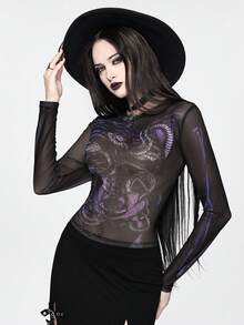 ROMWE Spring/SummergraphicblackGothic Dark Style Chinese Skeleton Snake Print Sheer Tight Crop Top - Black - View 1
